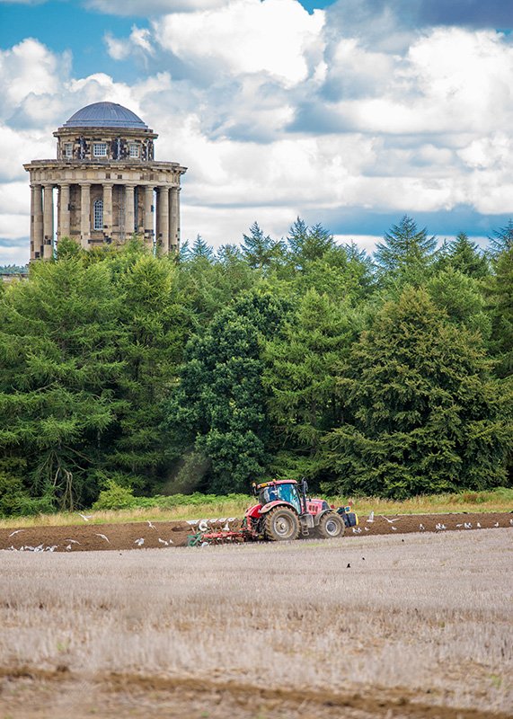 3-Mausoleum & Ploughing_Harry_Kingman_web Tractor ploughing in front of Mausoleum